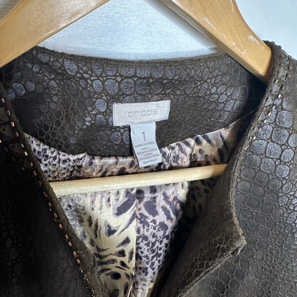 Chicos Snake Skin Faux Leather Jacket Brown Medium Size 1 8 Embossed Reptile - Picture 8 of 9